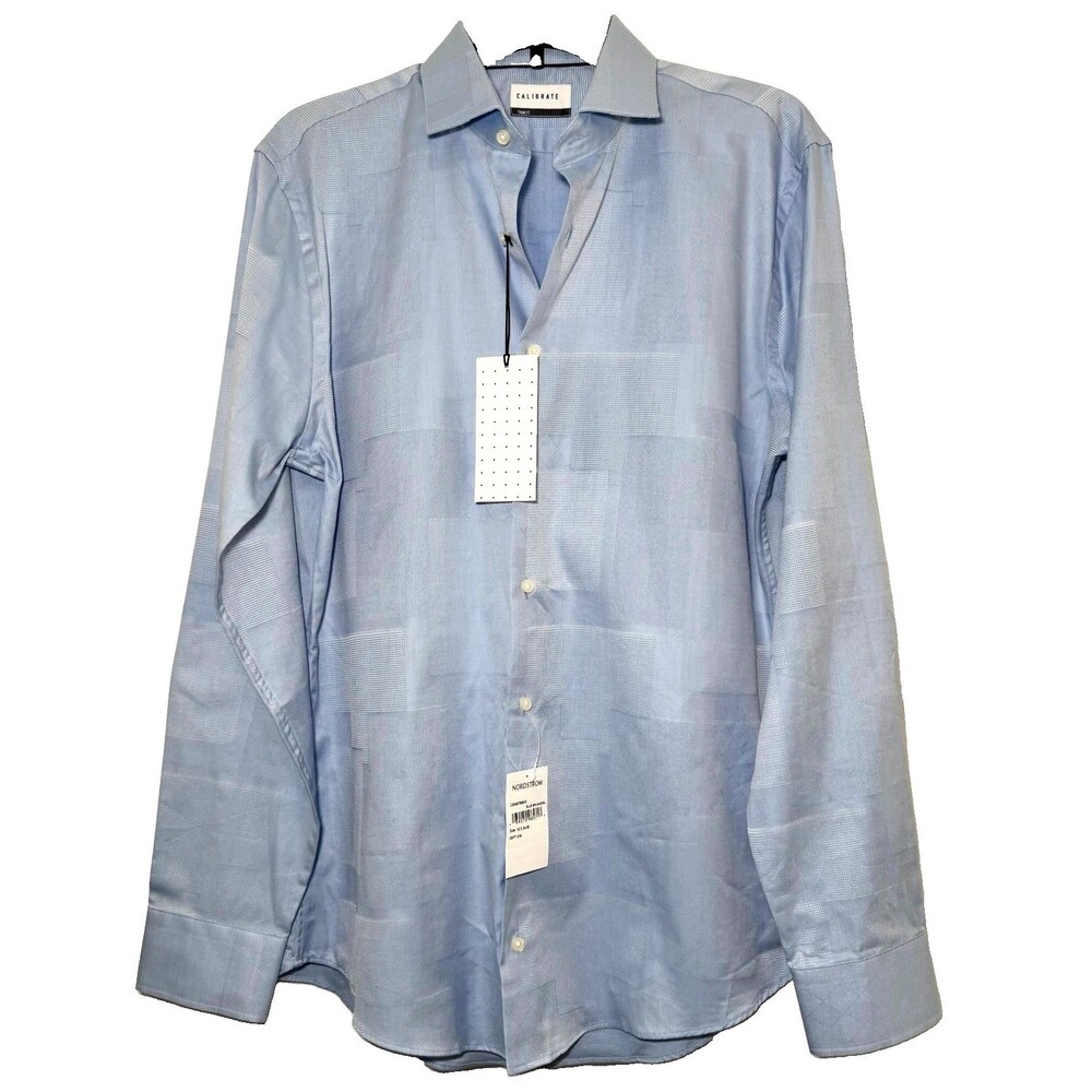 NWT Calibrate Trim Fit Dress Shirt Men’s 16 34/35 Blue Jacquard Geometric Cotton